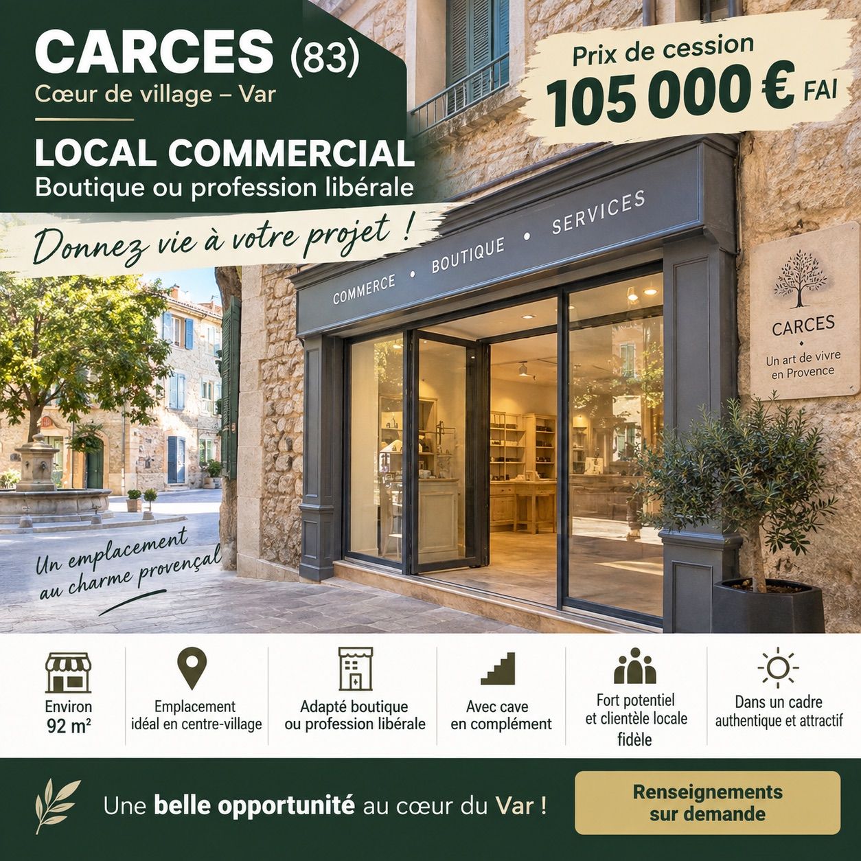 CARCÈS – LOCAL COMMERCIAL ENVIRON 92 M² – 105 000 €